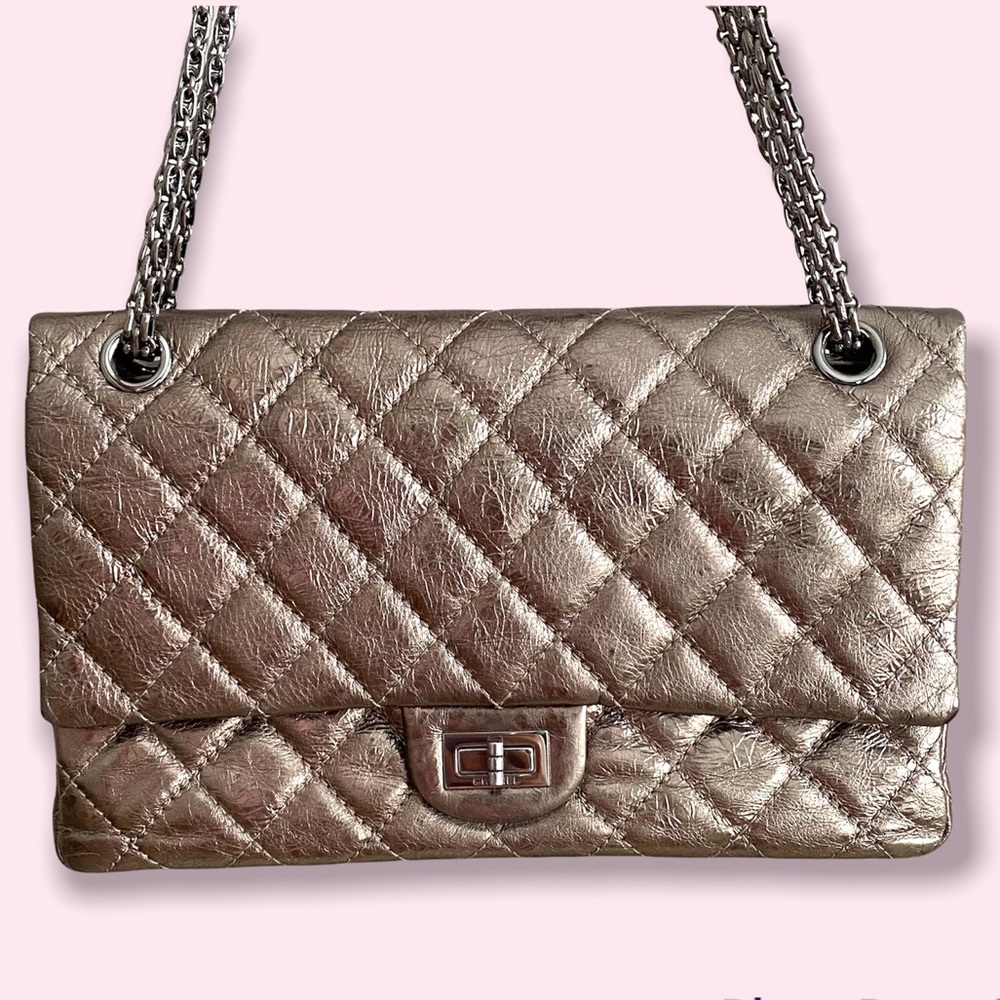 AUTH Chanel 2.55 Reissue Double Flap Metallic Bronze Taupe Shoulder Bag Quilted